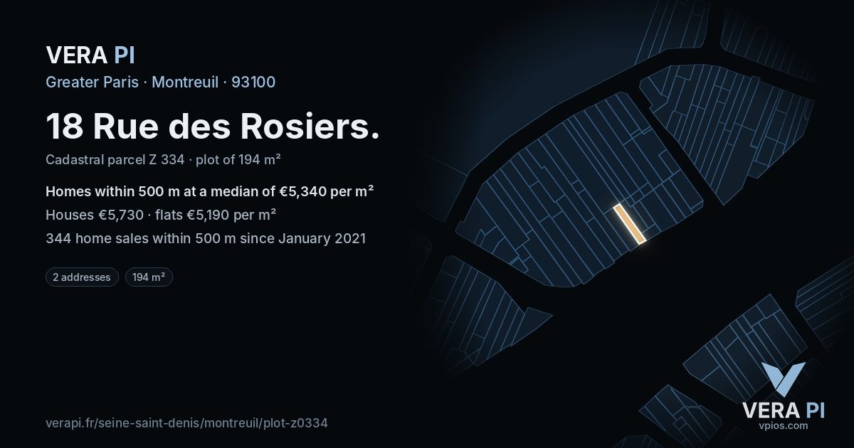 18 Rue des Rosiers, Montreuil at night – the plot lit, the parcels around coloured by the prices near them