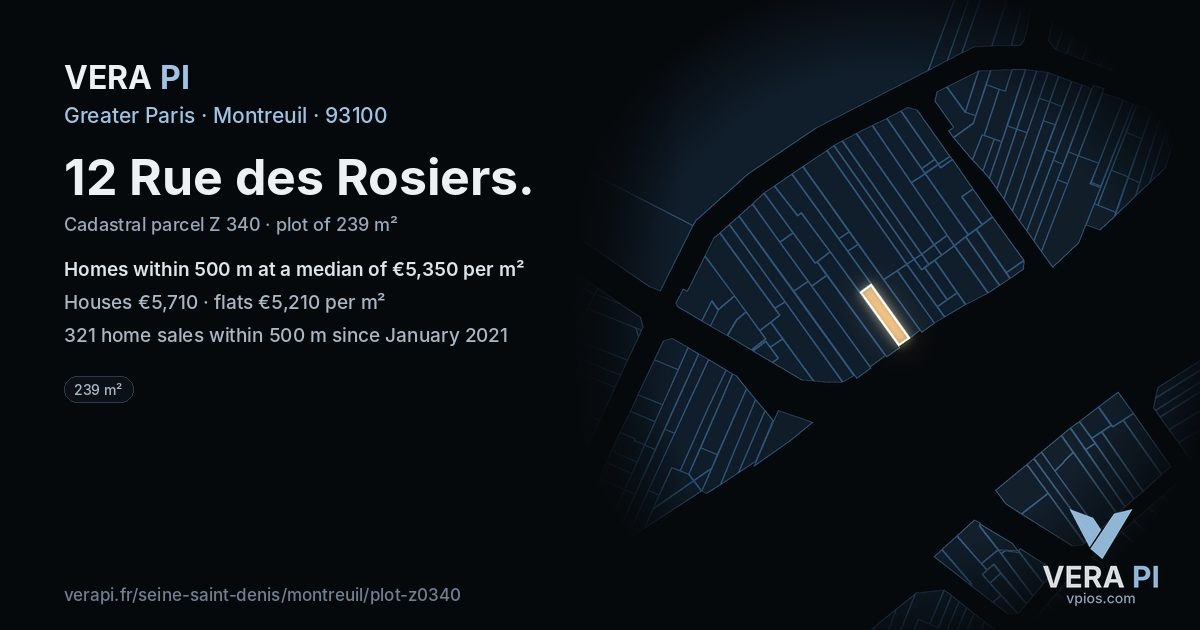 12 Rue des Rosiers, Montreuil at night – the plot lit, the parcels around coloured by the prices near them