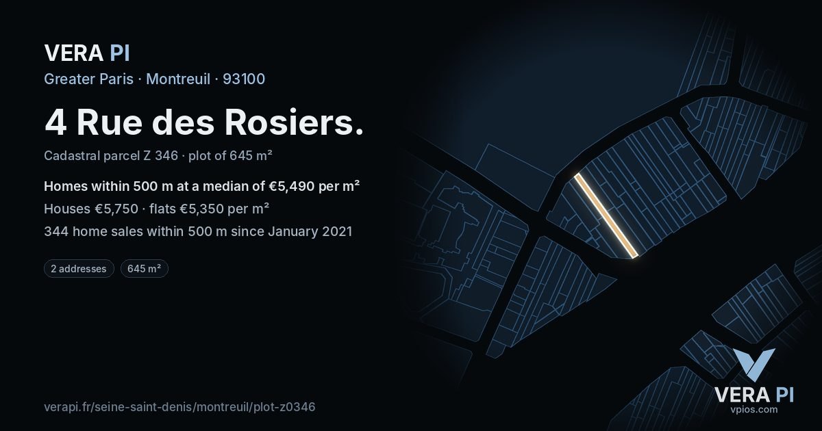 4 Rue des Rosiers, Montreuil at night – the plot lit, the parcels around coloured by the prices near them