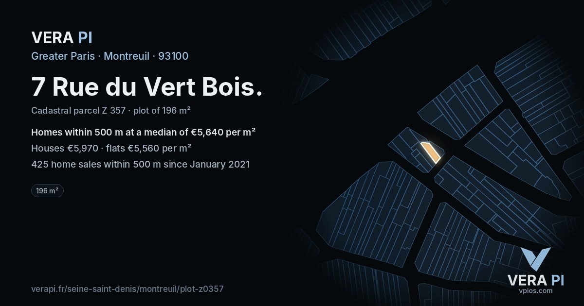 7 Rue du Vert Bois, Montreuil at night – the plot lit, the parcels around coloured by the prices near them