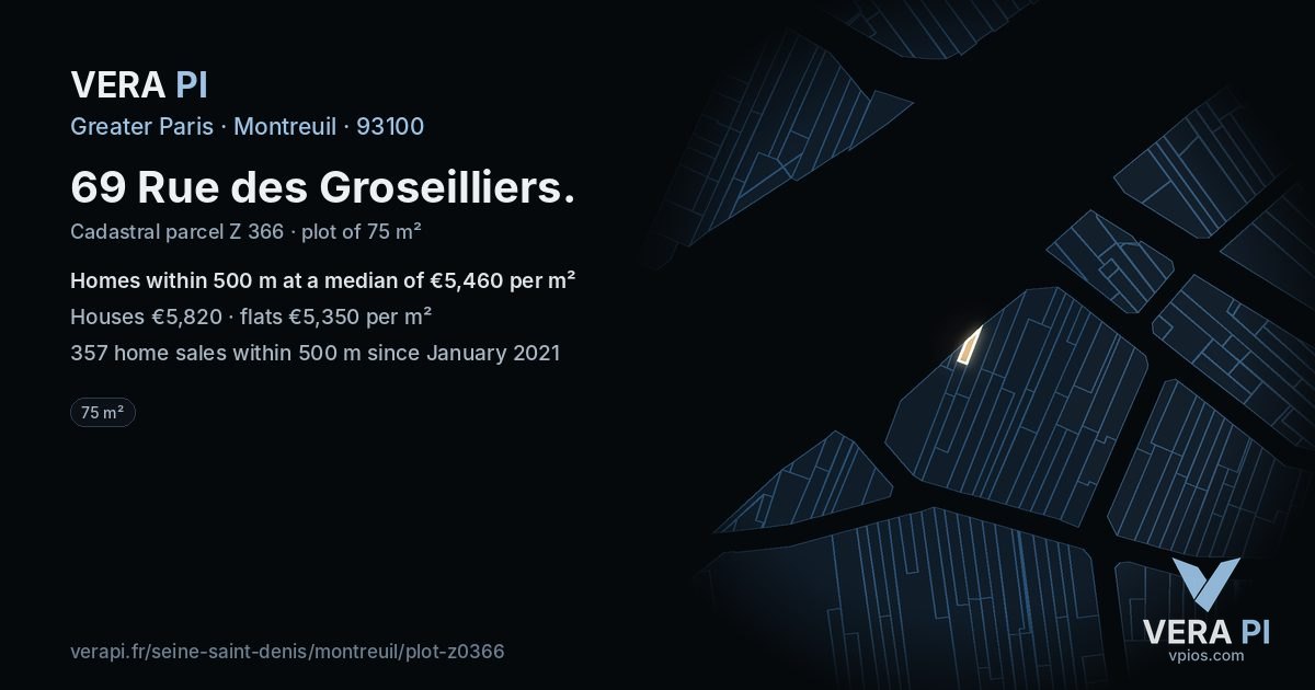 69 Rue des Groseilliers, Montreuil at night – the plot lit, the parcels around coloured by the prices near them