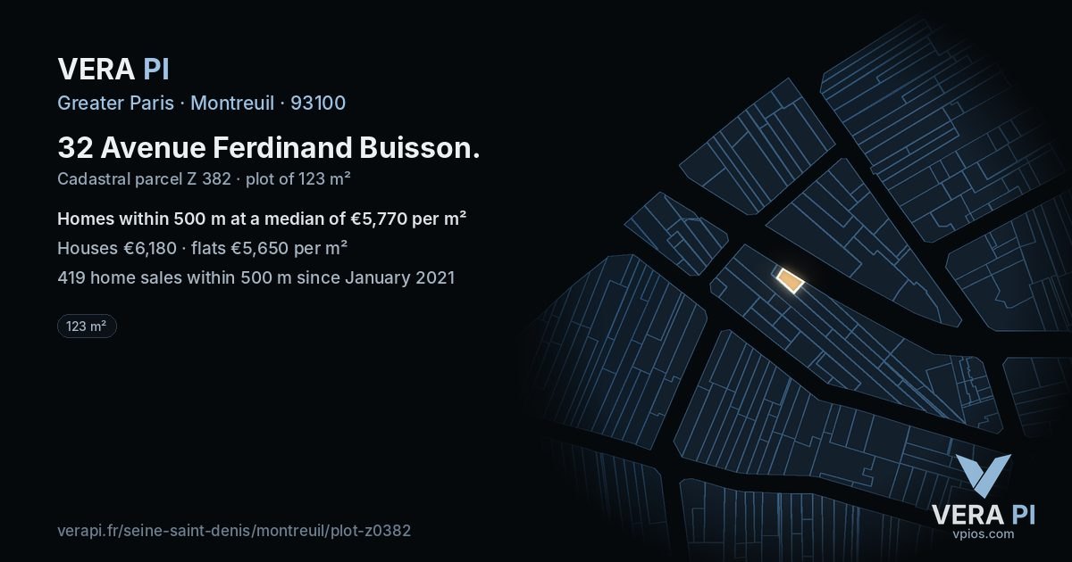 32 Avenue Ferdinand Buisson, Montreuil at night – the plot lit, the parcels around coloured by the prices near them