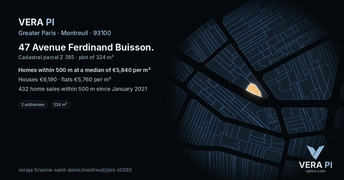 47 Avenue Ferdinand Buisson, Montreuil at night – the plot lit, the parcels around coloured by the prices near them