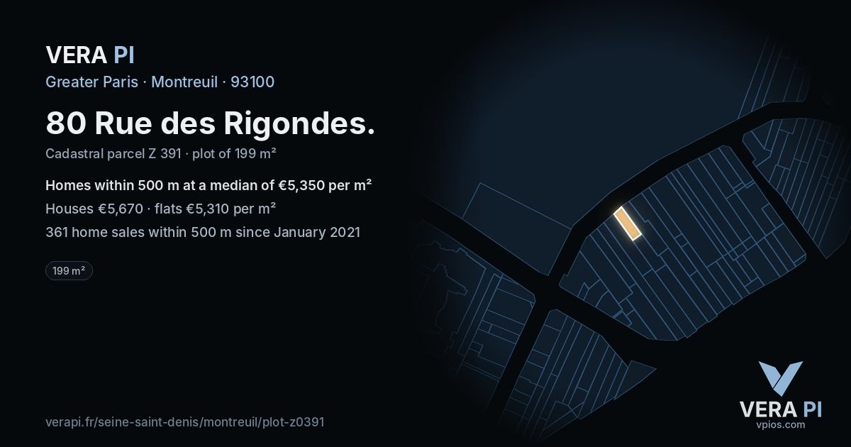 80 Rue des Rigondes, Montreuil at night – the plot lit, the parcels around coloured by the prices near them