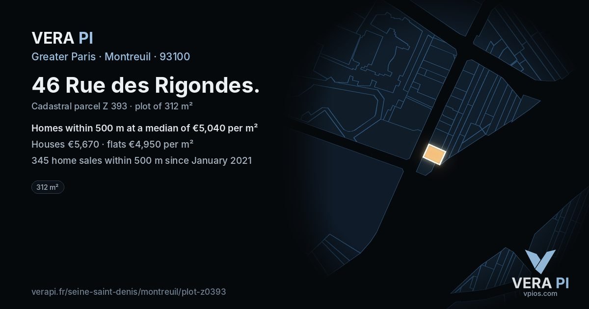 46 Rue des Rigondes, Montreuil at night – the plot lit, the parcels around coloured by the prices near them