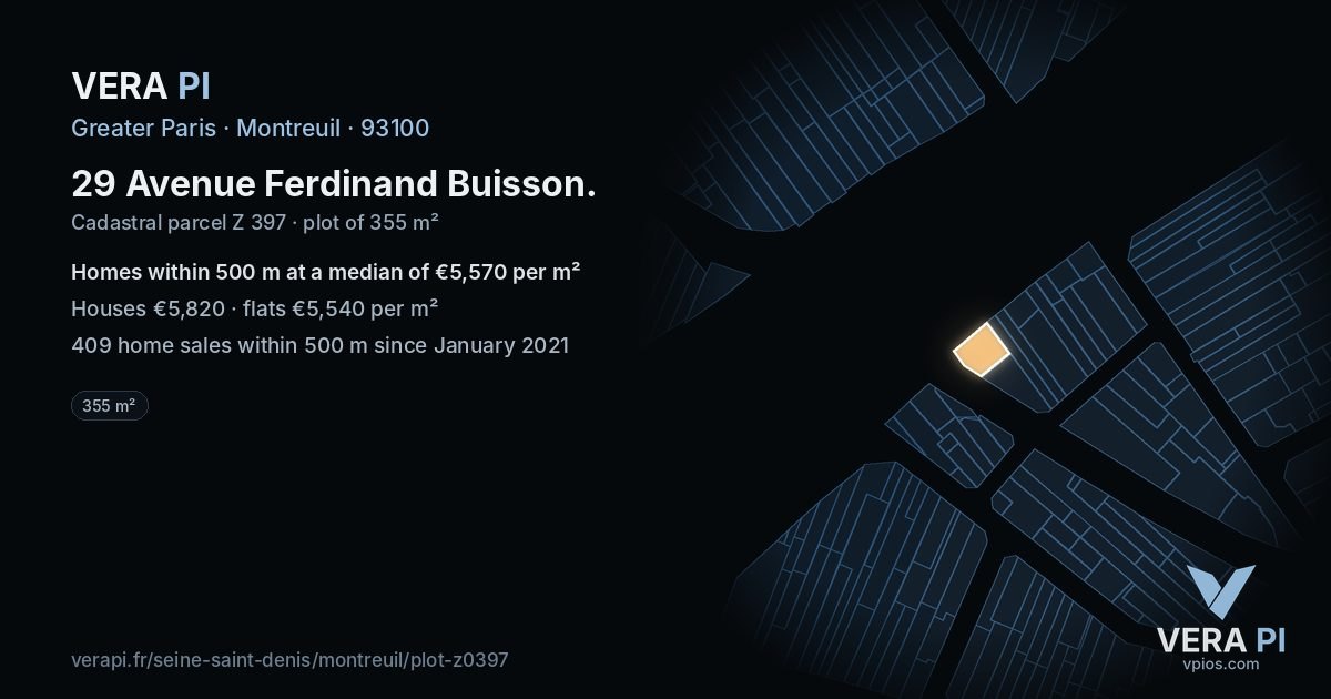 29 Avenue Ferdinand Buisson, Montreuil at night – the plot lit, the parcels around coloured by the prices near them