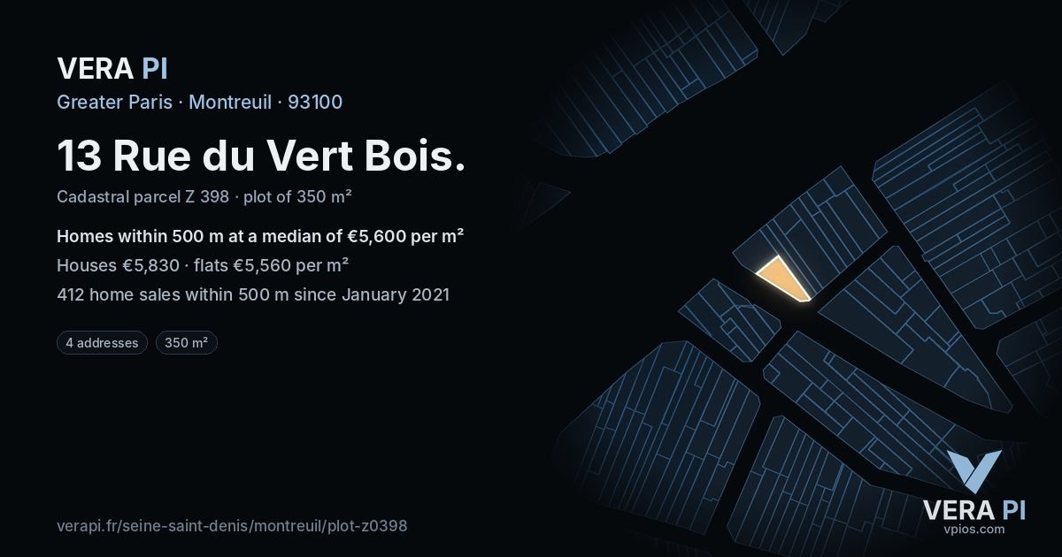 13 Rue du Vert Bois, Montreuil at night – the plot lit, the parcels around coloured by the prices near them