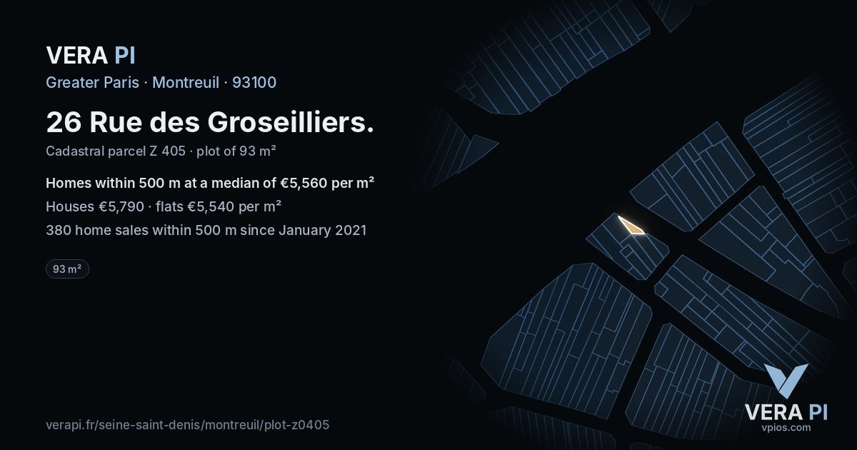 26 Rue des Groseilliers, Montreuil at night – the plot lit, the parcels around coloured by the prices near them