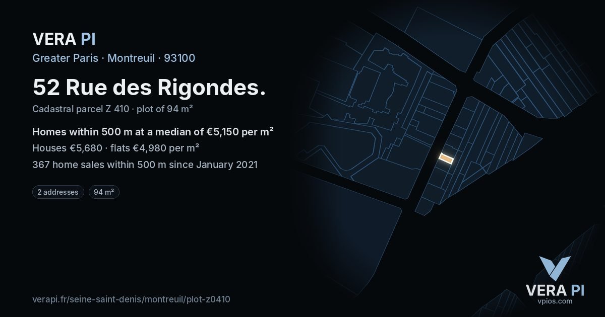 52 Rue des Rigondes, Montreuil at night – the plot lit, the parcels around coloured by the prices near them
