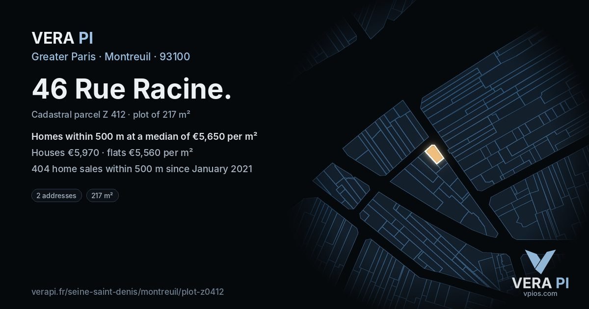 46 Rue Racine, Montreuil at night – the plot lit, the parcels around coloured by the prices near them