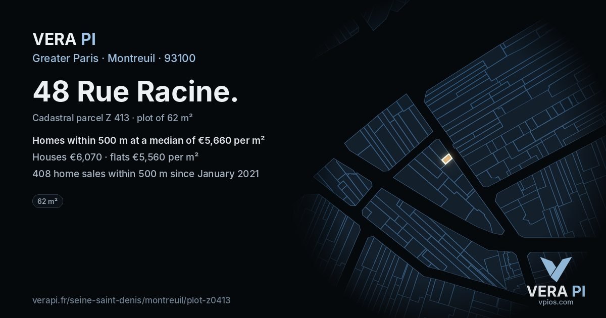 48 Rue Racine, Montreuil at night – the plot lit, the parcels around coloured by the prices near them