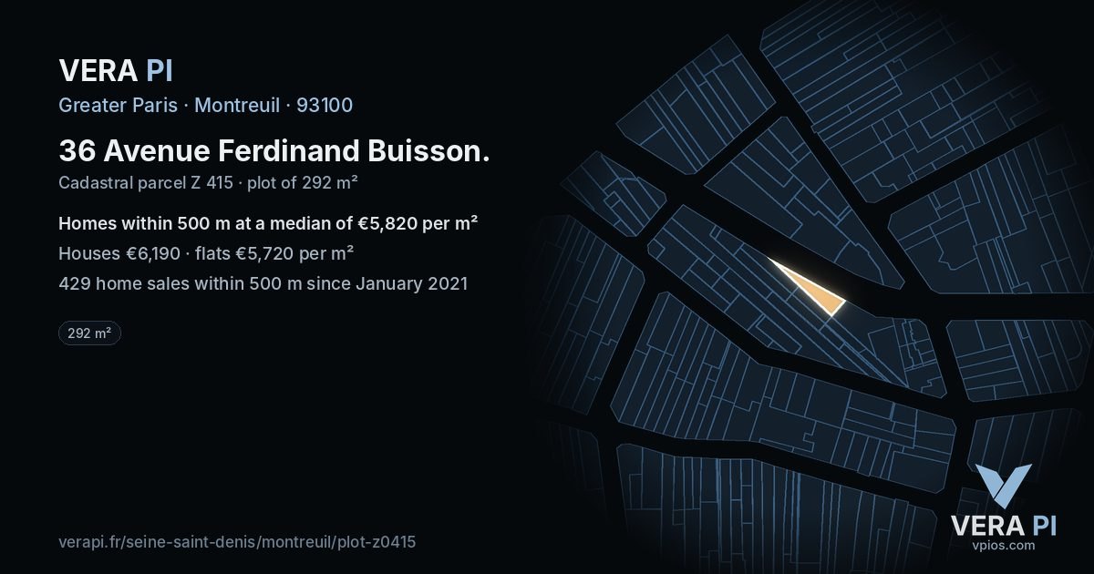 36 Avenue Ferdinand Buisson, Montreuil at night – the plot lit, the parcels around coloured by the prices near them