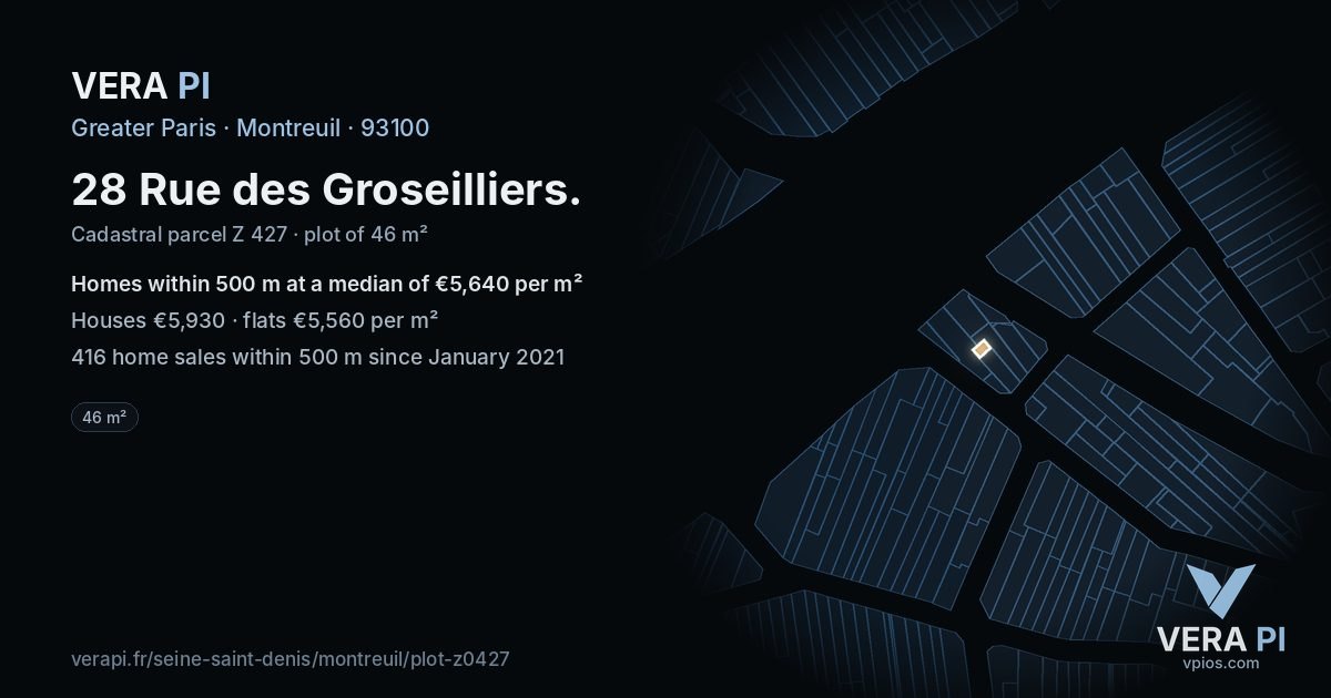 28 Rue des Groseilliers, Montreuil at night – the plot lit, the parcels around coloured by the prices near them