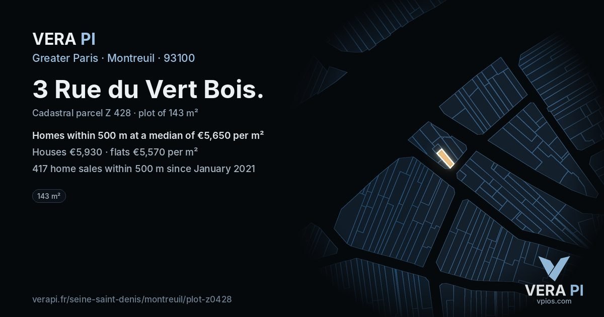3 Rue du Vert Bois, Montreuil at night – the plot lit, the parcels around coloured by the prices near them
