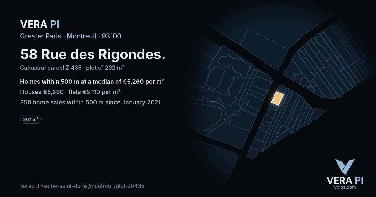 58 Rue des Rigondes, Montreuil at night – the plot lit, the parcels around coloured by the prices near them