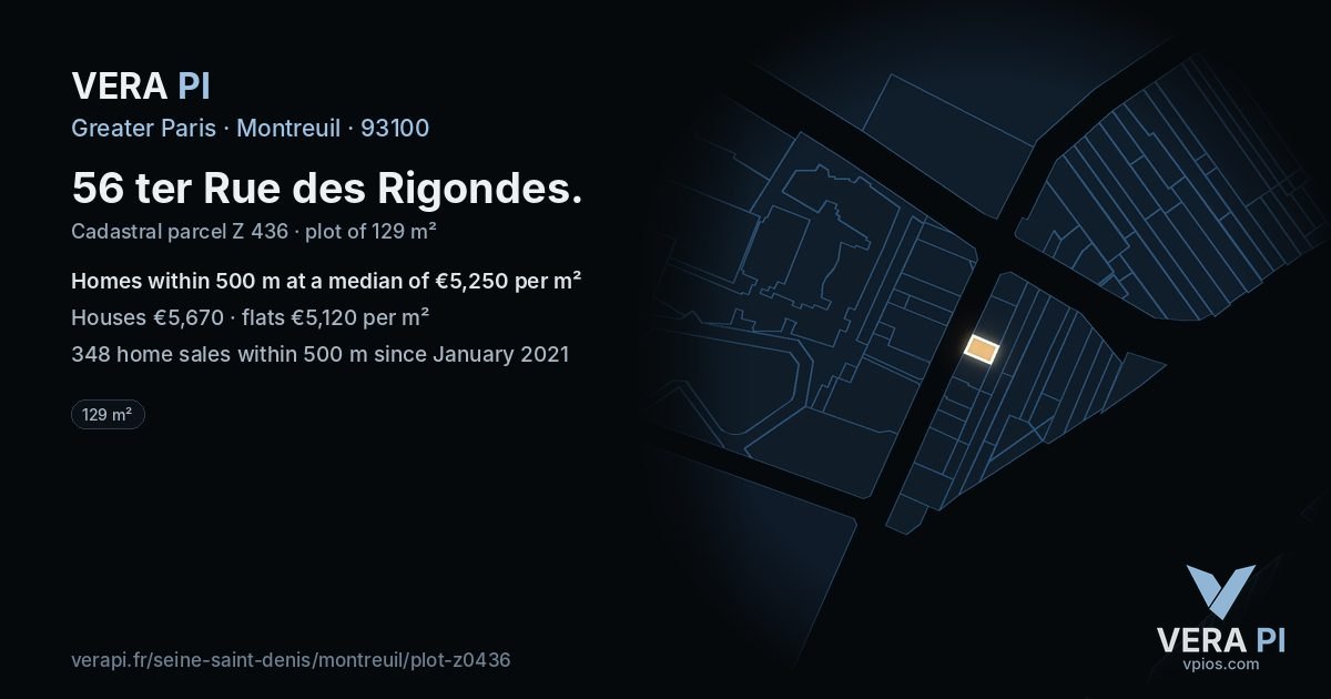 56 ter Rue des Rigondes, Montreuil at night – the plot lit, the parcels around coloured by the prices near them