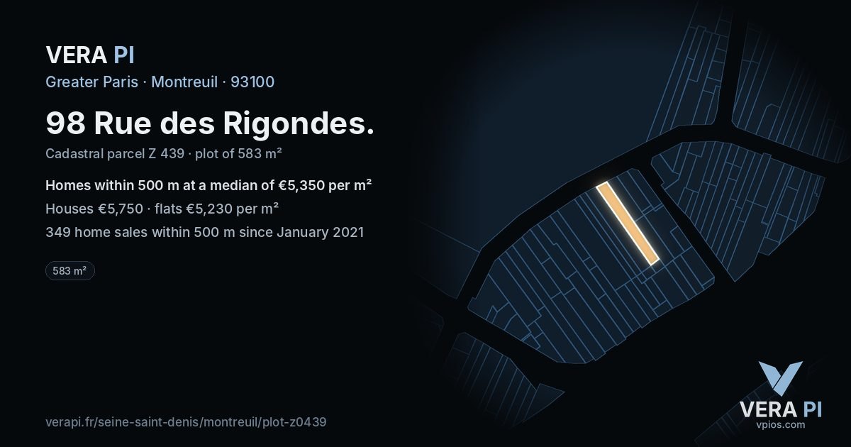 98 Rue des Rigondes, Montreuil at night – the plot lit, the parcels around coloured by the prices near them