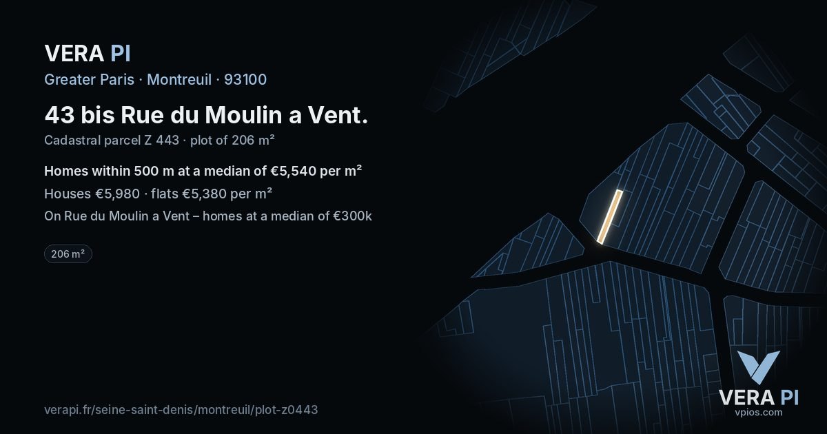 43 bis Rue du Moulin a Vent, Montreuil at night – the plot lit, the parcels around coloured by the prices near them