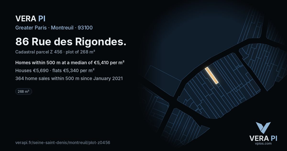 86 Rue des Rigondes, Montreuil at night – the plot lit, the parcels around coloured by the prices near them