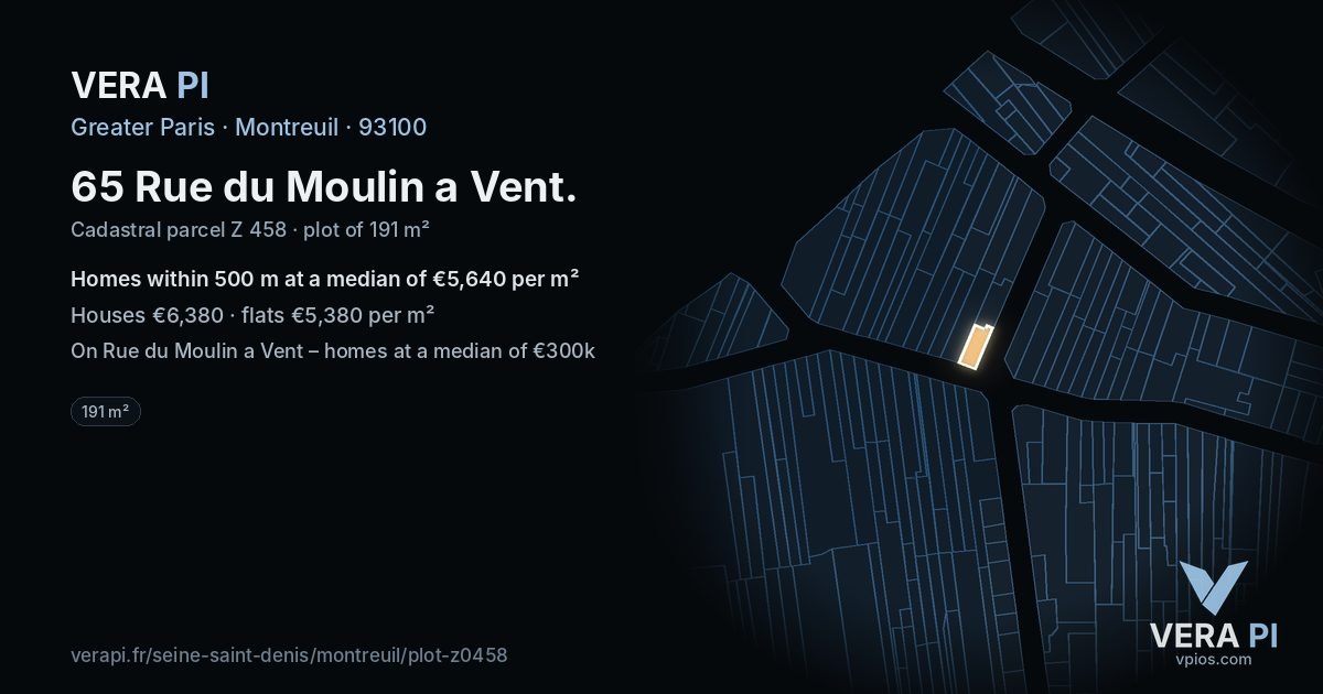 65 Rue du Moulin a Vent, Montreuil at night – the plot lit, the parcels around coloured by the prices near them