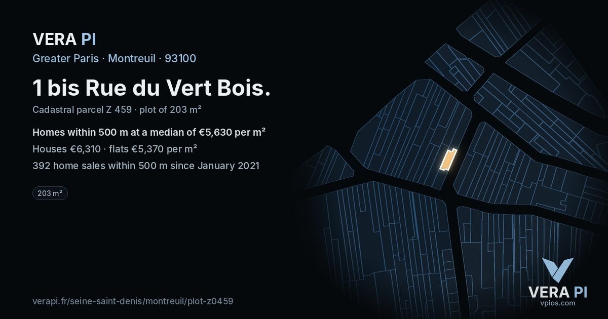 1 bis Rue du Vert Bois, Montreuil at night – the plot lit, the parcels around coloured by the prices near them