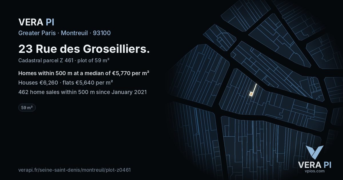 23 Rue des Groseilliers, Montreuil at night – the plot lit, the parcels around coloured by the prices near them
