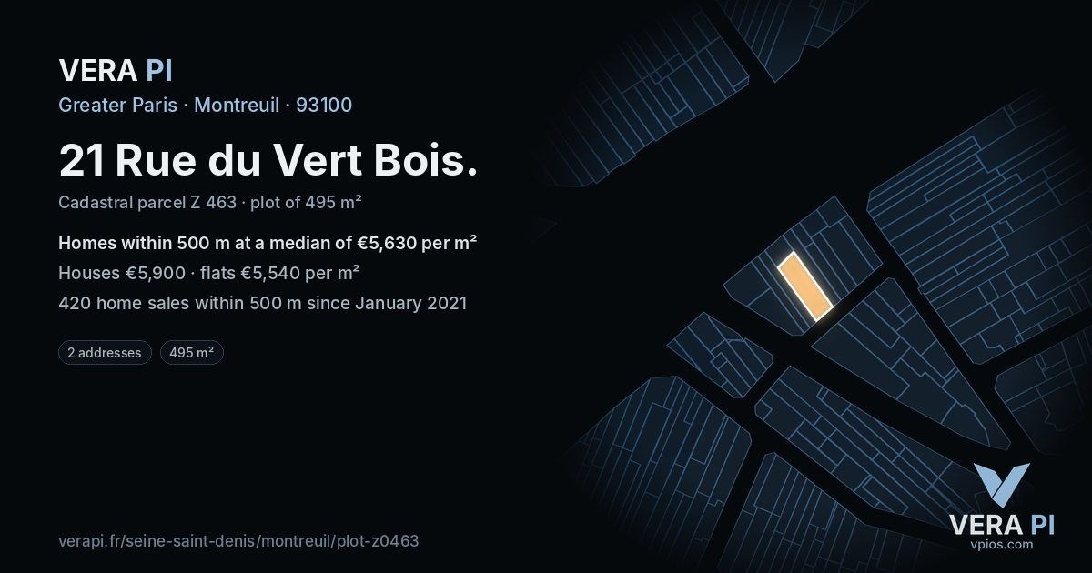 21 Rue du Vert Bois, Montreuil at night – the plot lit, the parcels around coloured by the prices near them