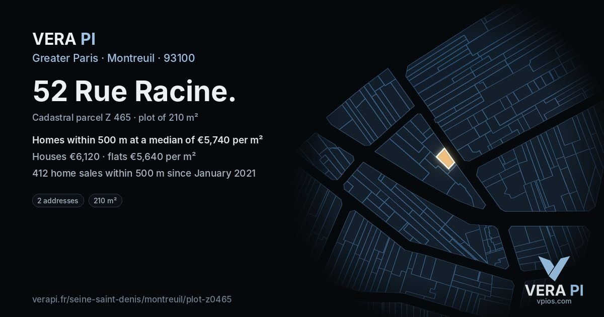 52 Rue Racine, Montreuil at night – the plot lit, the parcels around coloured by the prices near them