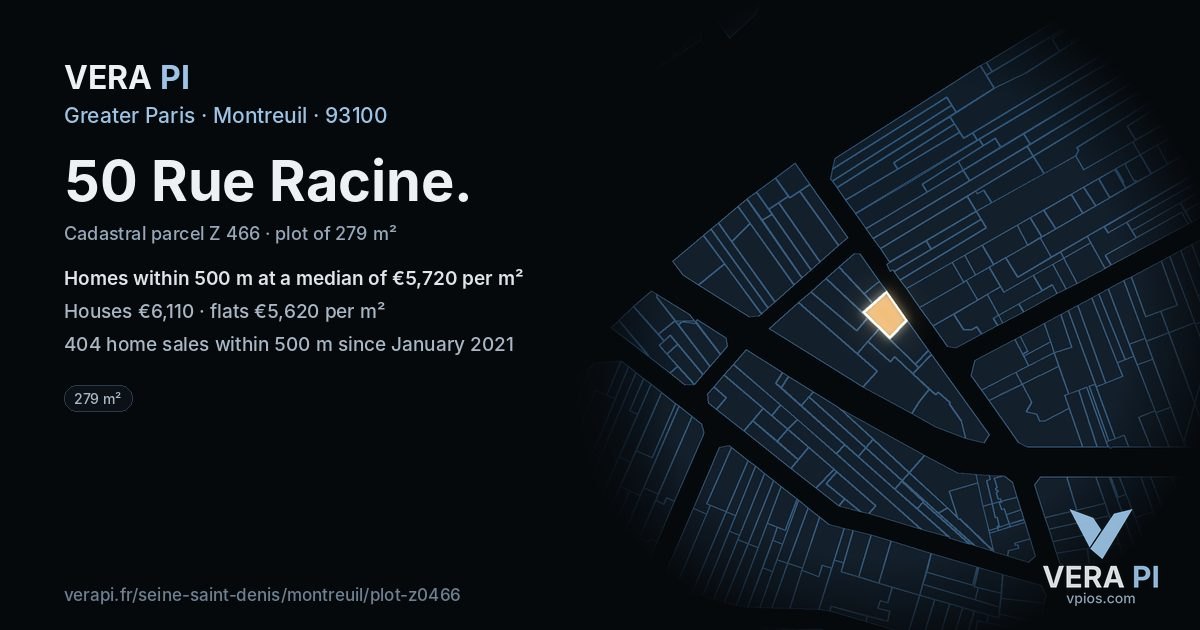50 Rue Racine, Montreuil at night – the plot lit, the parcels around coloured by the prices near them