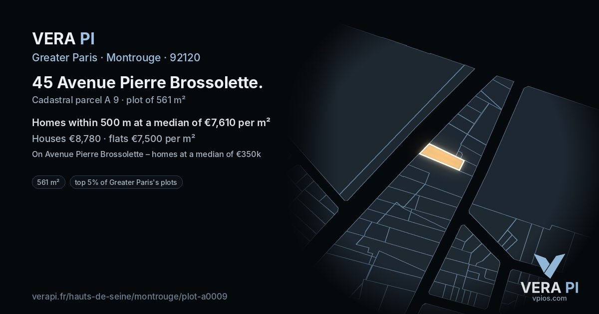 45 Avenue Pierre Brossolette, Montrouge at night – the plot lit, the parcels around coloured by the prices near them