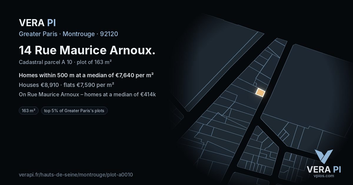 14 Rue Maurice Arnoux, Montrouge at night – the plot lit, the parcels around coloured by the prices near them