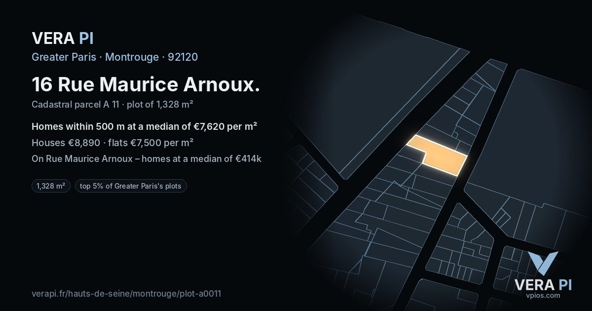 16 Rue Maurice Arnoux, Montrouge at night – the plot lit, the parcels around coloured by the prices near them