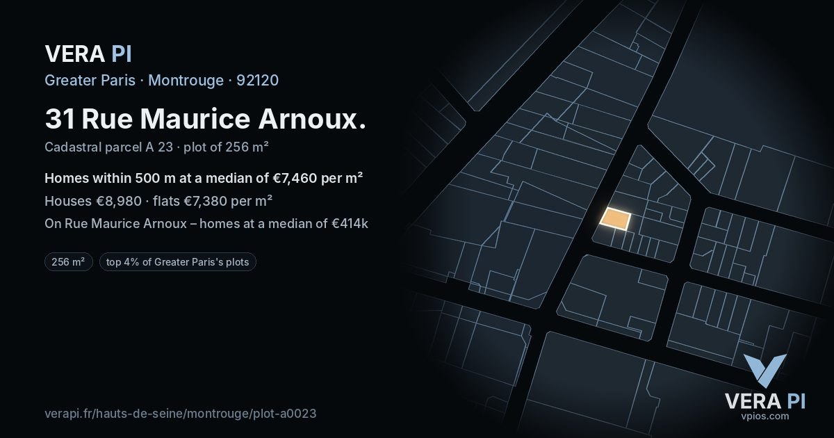 31 Rue Maurice Arnoux, Montrouge at night – the plot lit, the parcels around coloured by the prices near them