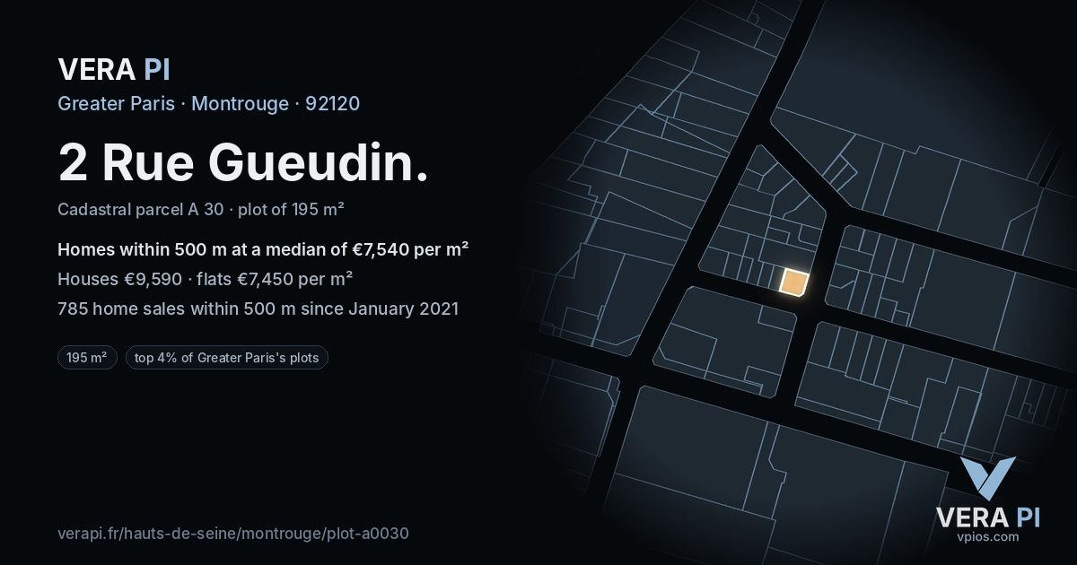 2 Rue Gueudin, Montrouge at night – the plot lit, the parcels around coloured by the prices near them