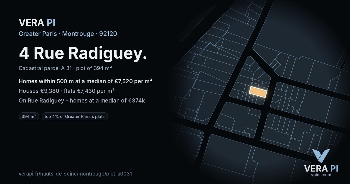 4 Rue Radiguey, Montrouge at night – the plot lit, the parcels around coloured by the prices near them