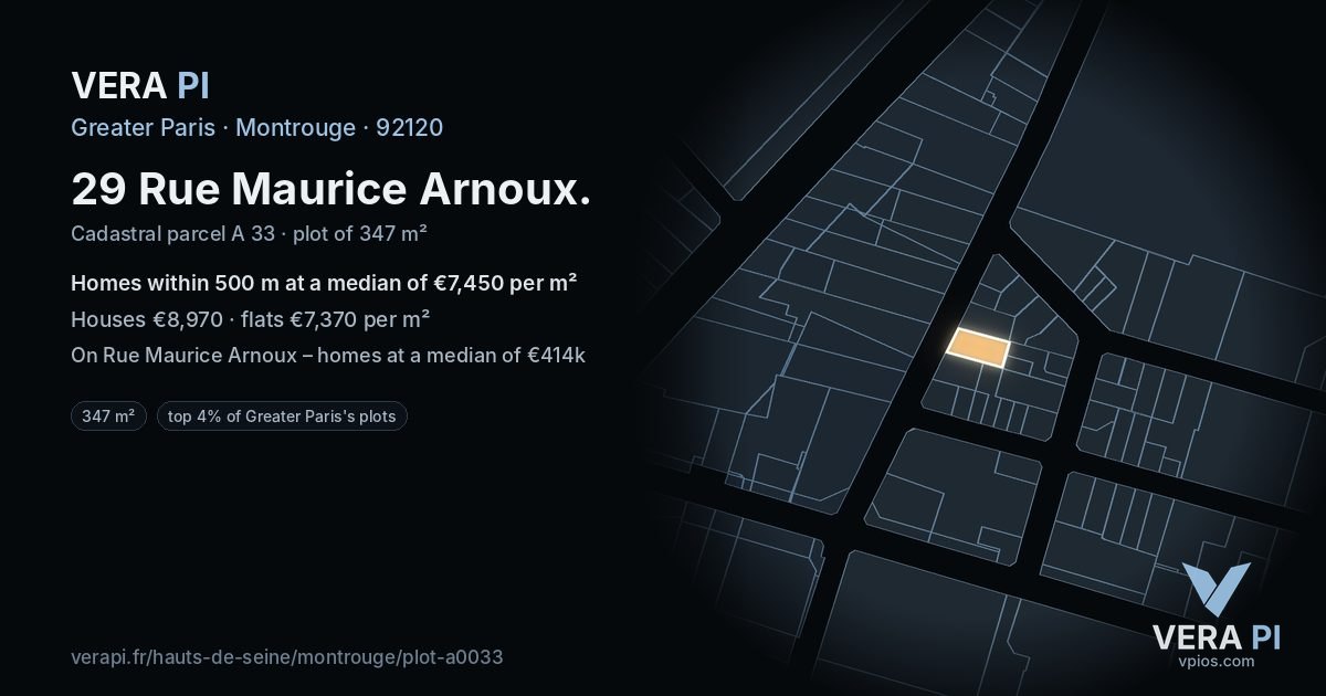 29 Rue Maurice Arnoux, Montrouge at night – the plot lit, the parcels around coloured by the prices near them