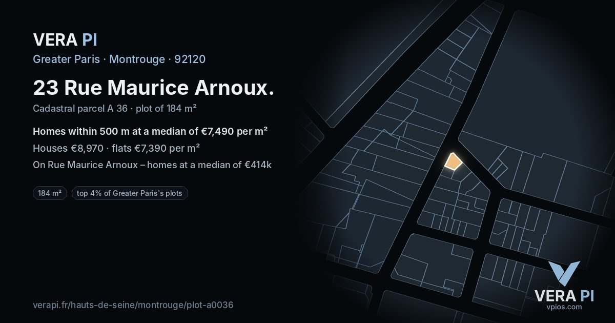 23 Rue Maurice Arnoux, Montrouge at night – the plot lit, the parcels around coloured by the prices near them