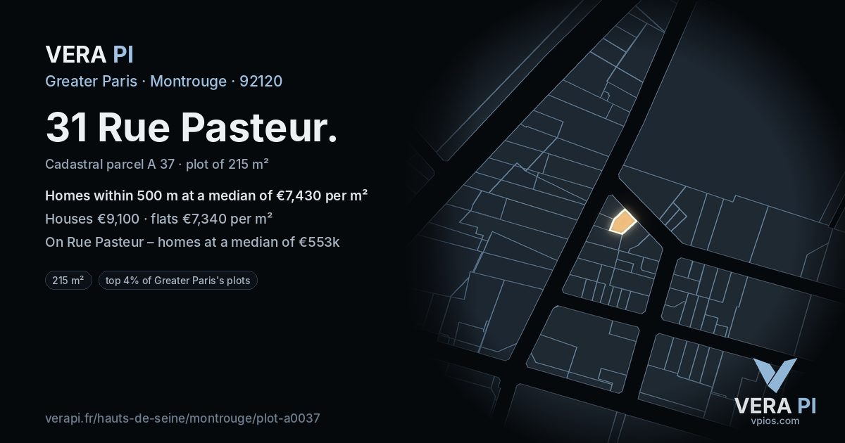 31 Rue Pasteur, Montrouge at night – the plot lit, the parcels around coloured by the prices near them