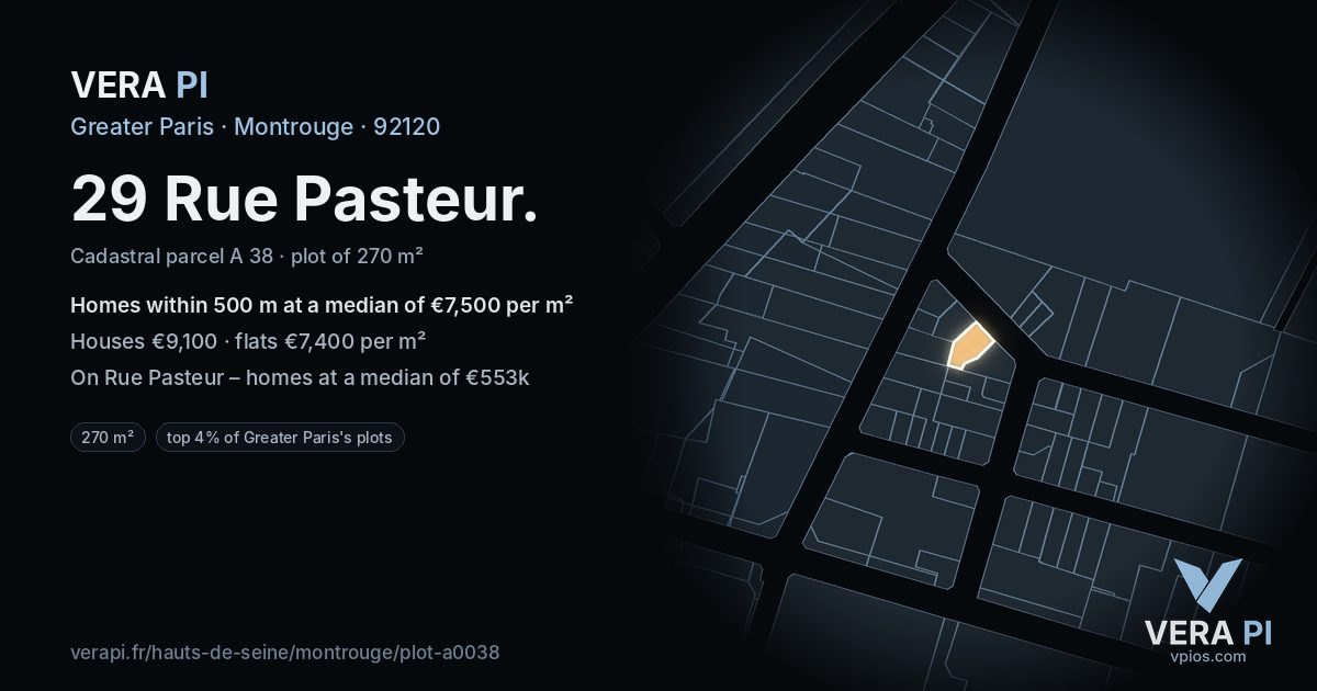 29 Rue Pasteur, Montrouge at night – the plot lit, the parcels around coloured by the prices near them