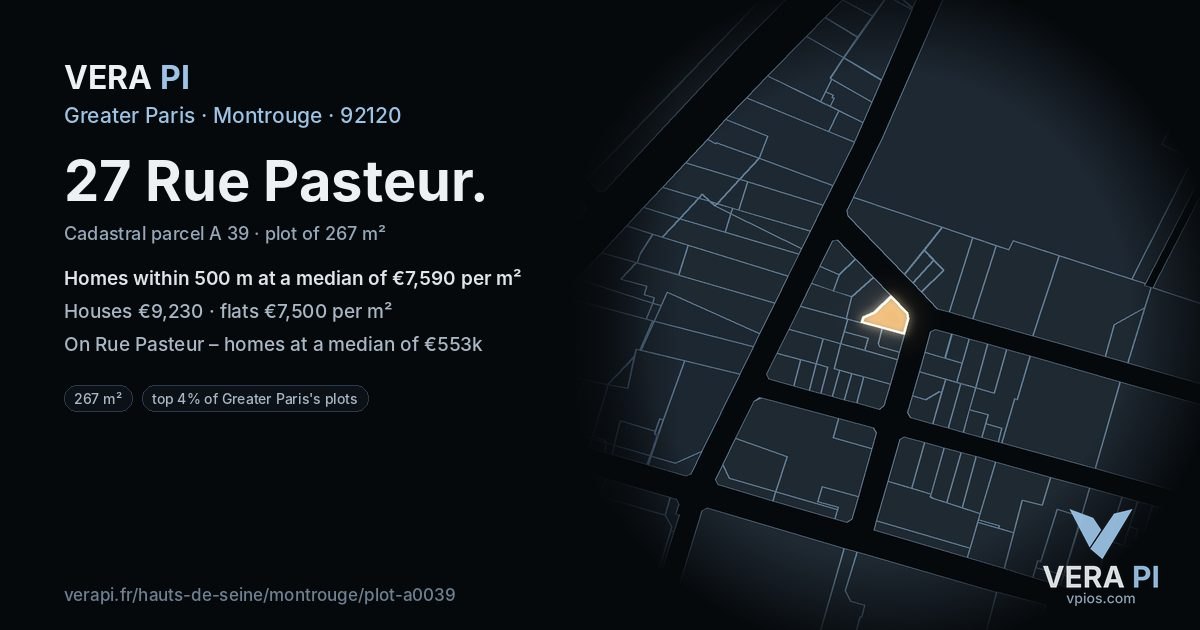 27 Rue Pasteur, Montrouge at night – the plot lit, the parcels around coloured by the prices near them