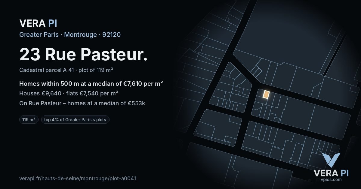 23 Rue Pasteur, Montrouge at night – the plot lit, the parcels around coloured by the prices near them
