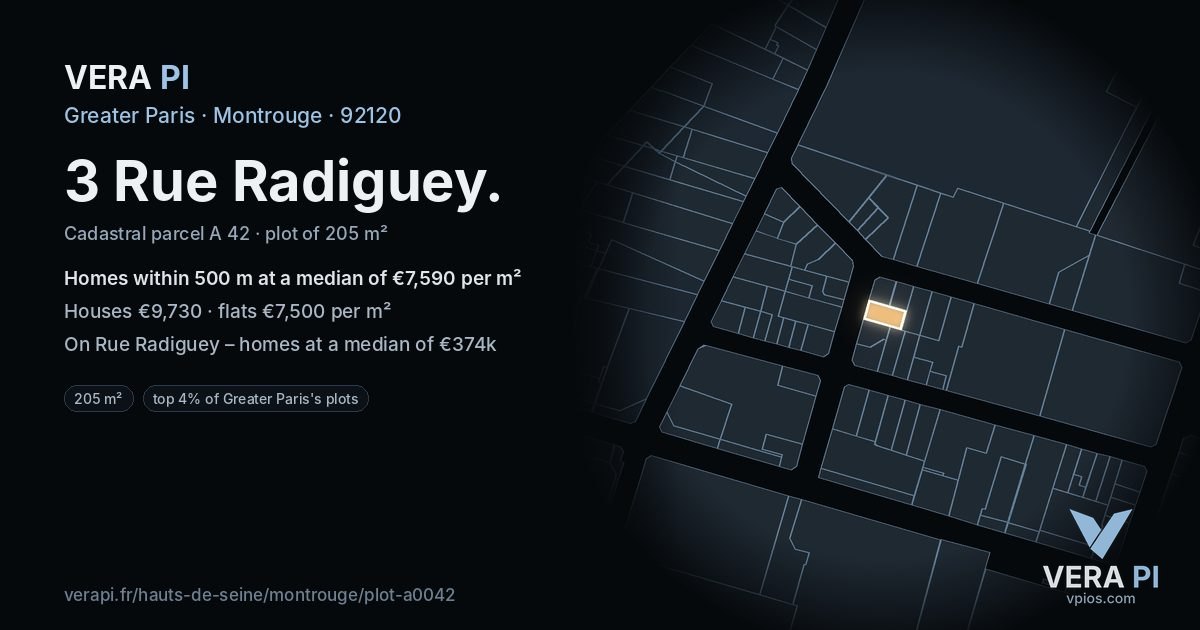 3 Rue Radiguey, Montrouge at night – the plot lit, the parcels around coloured by the prices near them