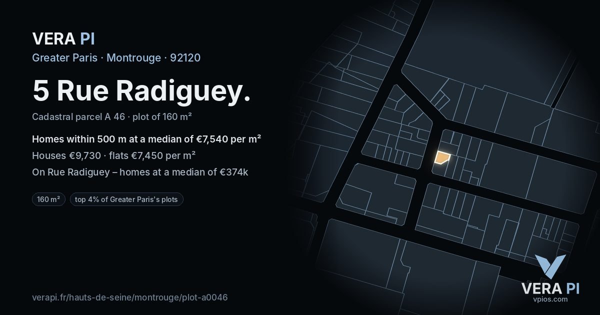 5 Rue Radiguey, Montrouge at night – the plot lit, the parcels around coloured by the prices near them