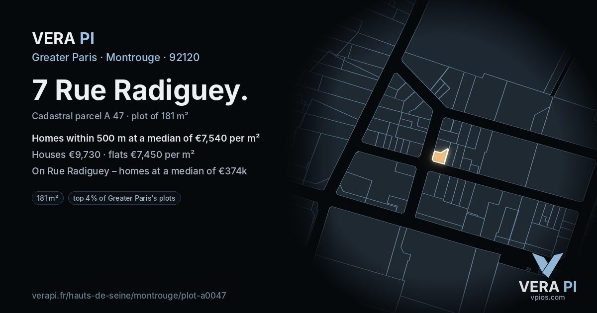 7 Rue Radiguey, Montrouge at night – the plot lit, the parcels around coloured by the prices near them