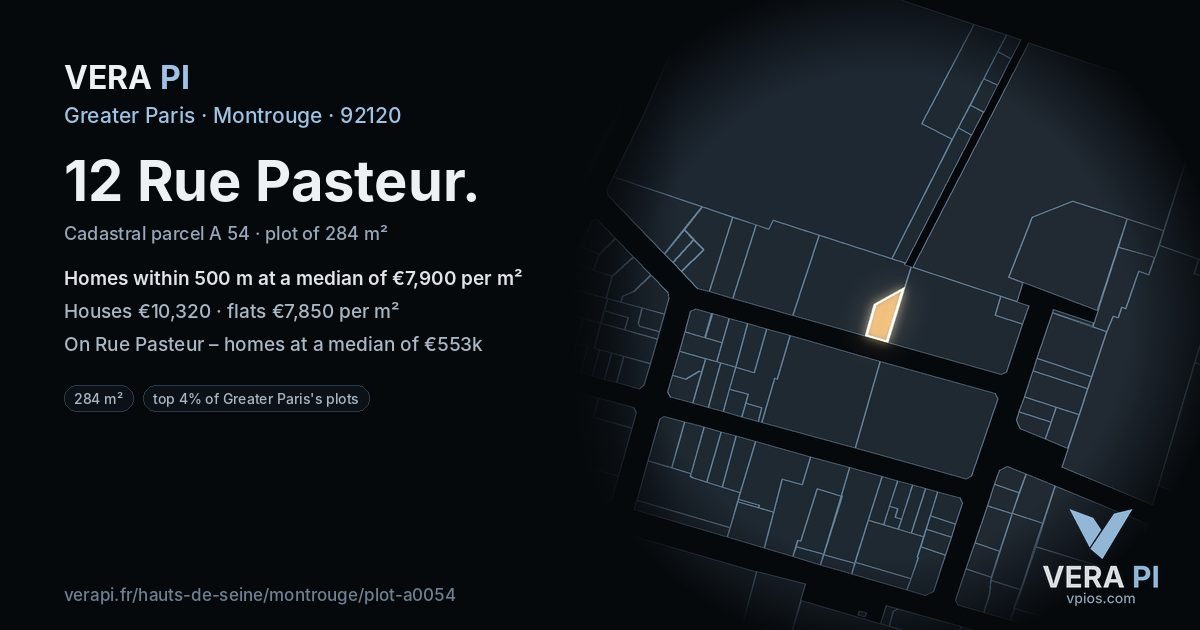 12 Rue Pasteur, Montrouge at night – the plot lit, the parcels around coloured by the prices near them