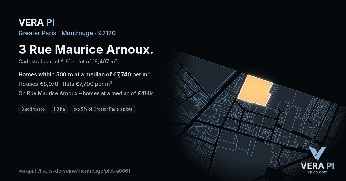 3 Rue Maurice Arnoux, Montrouge at night – the plot lit, the parcels around coloured by the prices near them