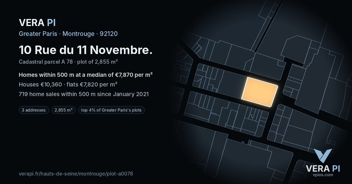10 Rue du 11 Novembre, Montrouge at night – the plot lit, the parcels around coloured by the prices near them