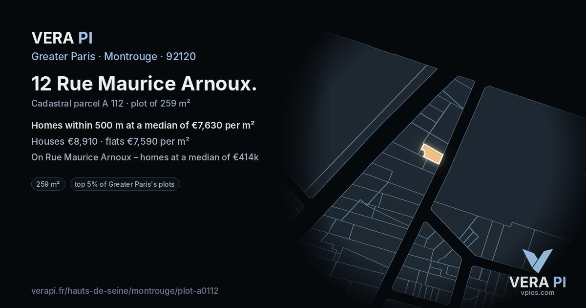 12 Rue Maurice Arnoux, Montrouge at night – the plot lit, the parcels around coloured by the prices near them