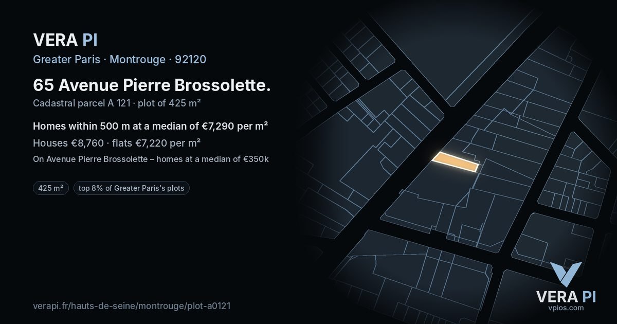 65 Avenue Pierre Brossolette, Montrouge at night – the plot lit, the parcels around coloured by the prices near them