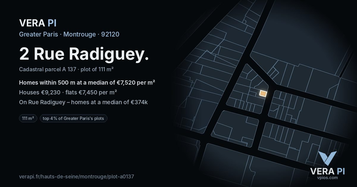 2 Rue Radiguey, Montrouge at night – the plot lit, the parcels around coloured by the prices near them